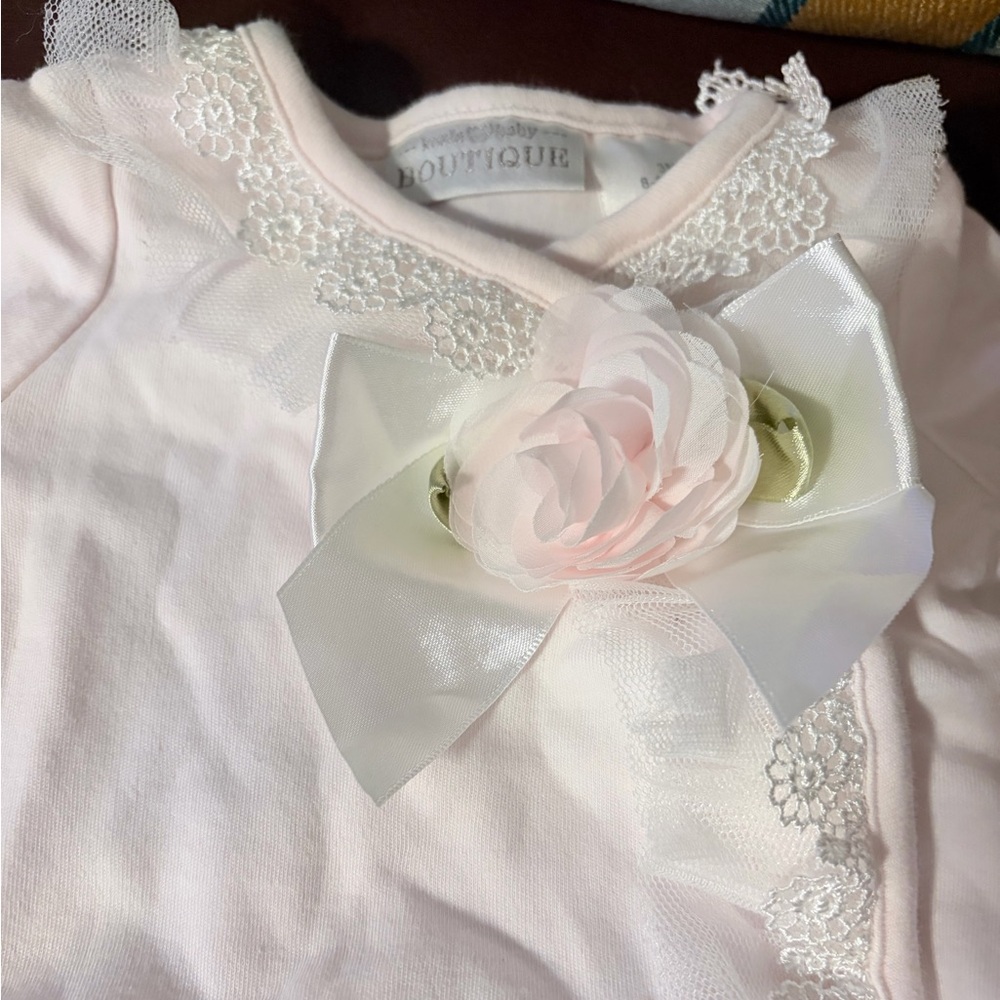 Koala Baby Boutique Lace Flower Footies Cream Satin Bow Baby Girl Size 3M